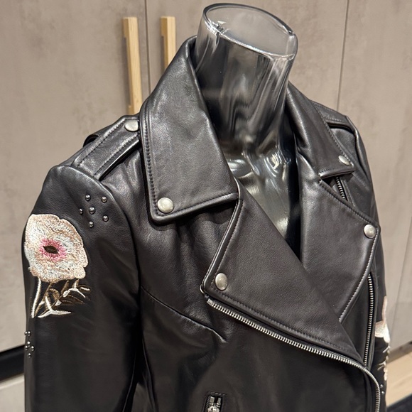 Rebecca Minkoff Black Leather Jacket with Embroidered Floral Accents - Picture 3 of 12
